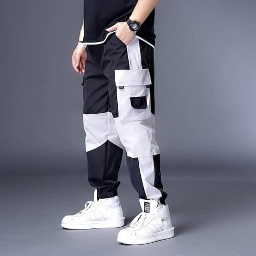 High quality summer men high street cargo pockets pants korea style patchwork pencil pants plus size 7XL dance thin pants