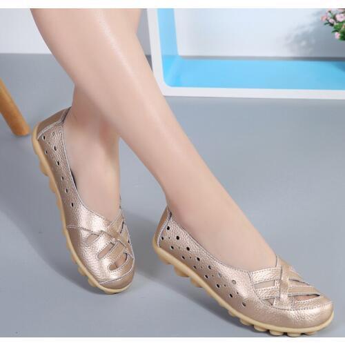 12 Colour Summer New Cut-out Hollow Genuine Leather Women Solid Large Size Flats Casual Slip On Shoes Female Lady Boat Shoe