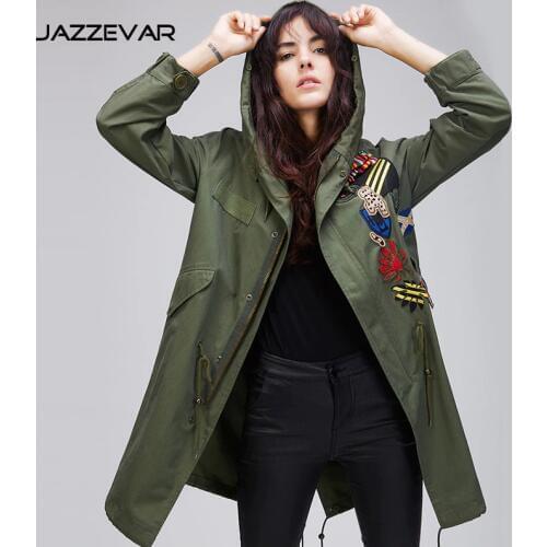 Trench coat long spring waterfall runway coats women 2019 plus size army green double breast slim fit embroidery elegant