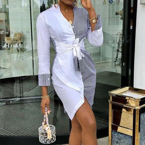 2019 Office Lady Patchwork Shirt Dress Long Sleeve Waist Lace-up Party Dress Autumn Fashion Women Hip Bodycon Women Dress