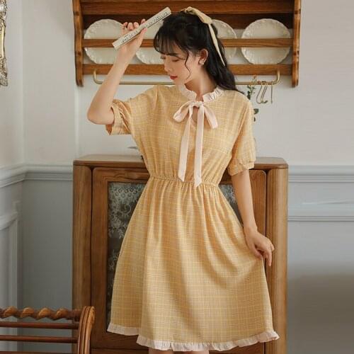 Dresses for Women Sweet Retro Dress 2021 Summer Mori Girl Bowknot Hollow Sweet and Cute Ruffle Literary Plaid Retro Midi Dress