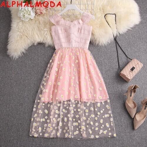 ALPHALMODA Autumn New Printed Flower Mesh Dress Off-shoulder Stretchy Slim Fit Patchwork Women Sexy Evening Dress Party Dress