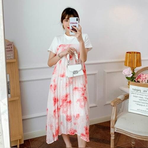 02171# Maternity Dress Summer Cotton Short Sleeves Loose Midi Dress Plus Size Pregnancy Dress Pregnant Women Mom Dress