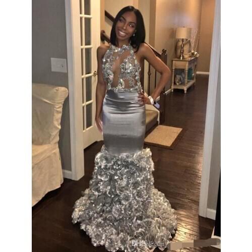 2019 Sexy Silver Evening Dress With Lace Applique Sleeveless Mermaid Prom Dresses With Rose Flowers Custom Made Formal dress