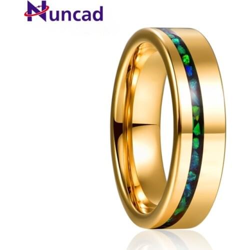 6mm Electric Gold Polished Inlaid Green Opal Tungsten Carbide Ring Mens Fashion Wedding Jewelry Best Gift AAA Quality