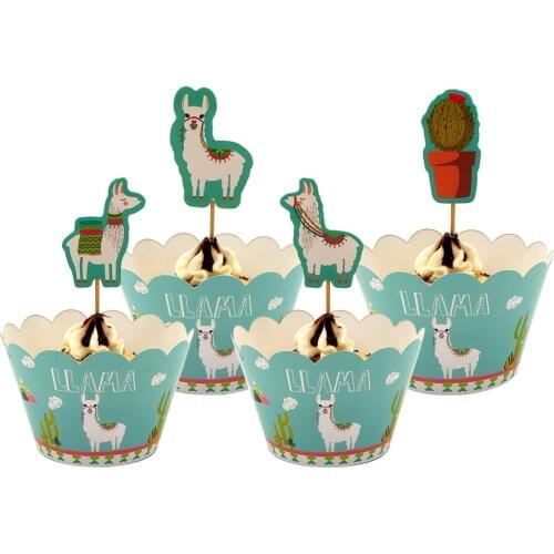Cake Accessory 24pcs/lot Alpaca Llama 12pcs Wrappers + 12pcs Toppers for Children Kids Birthday Party Cupcake Decoration