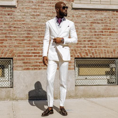 White Slim Fit Mens Suit Peaked Lapel For Wedding Blazers Double Breasted Male Tuxedos Groom Wear Prom Jackets With Pants