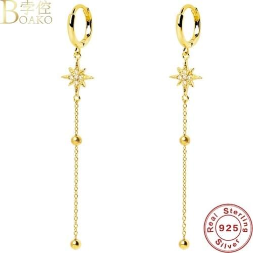 BOAKO Gold Star Hoop Earrings 925 Sterling Silver Earrings For Women Long Earring For Girl Pendientes Brincos Arete Fine Jewelry