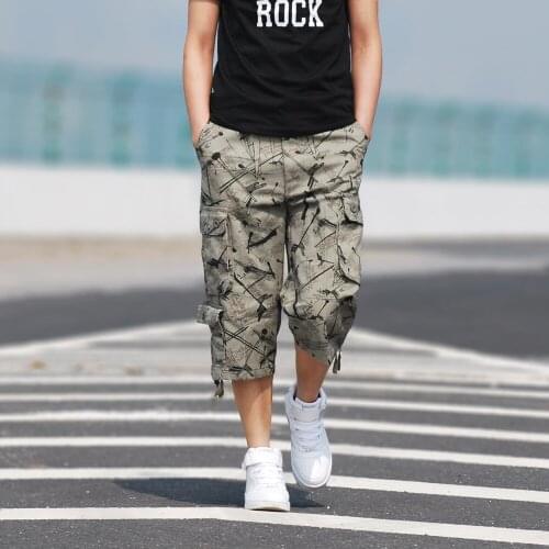 Summer Mens Camouflage Cargo Pants Multi-pocket Loose Fit Straight Chic Calf-length Trousers M2