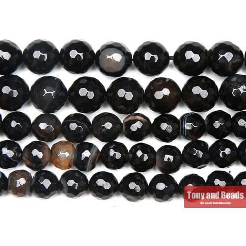 15" Strand Natural Stone Faceted Black Stripe Agates Round Beads