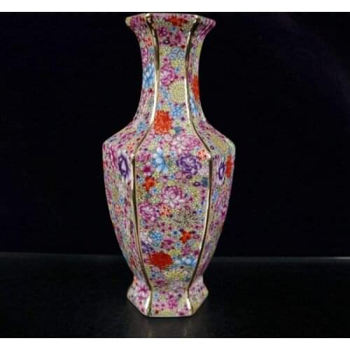 Jingdezhen Antique handicrafts Qing Dynasty Qianlong Enamel Golden Hexagonal Flowers vase Antique Collection Ornaments