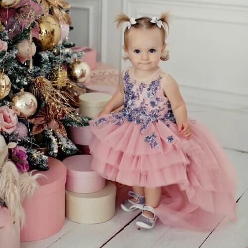 Lovely Pink High Low Flower Girls Dresses O Neck Ruffles Bead Toddler Communion Dress Front Short Back Long Kid Party Gowns