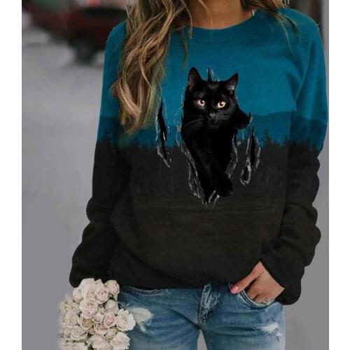 Women T shirts Personalized Winter Black Cat Pattern Long Sleeve Hoodie Warm Pullover Plus Size Ladies Top Breathable Ropa Mujer