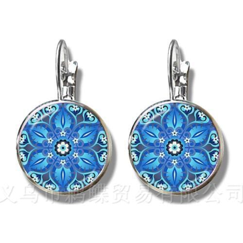 Classic Flower Of Life Stud Earrings Mandala Elegant And Complex Pattern 16mm Round Glass Dome Women Cabochon Jewelry
