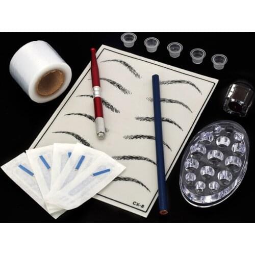 Microblading Kit Makeup Eyebrow Needle Pen Set with Tattoo Pigment Practice Skin Ring Cups Holder Plastic Film Brow Pencil