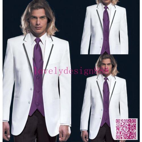 Hot Sales White Wedding Tuxedos With Lapel Black collar edge, Bespoke White Suits With Purple Vest And Tie,Custom Made Mens Suit