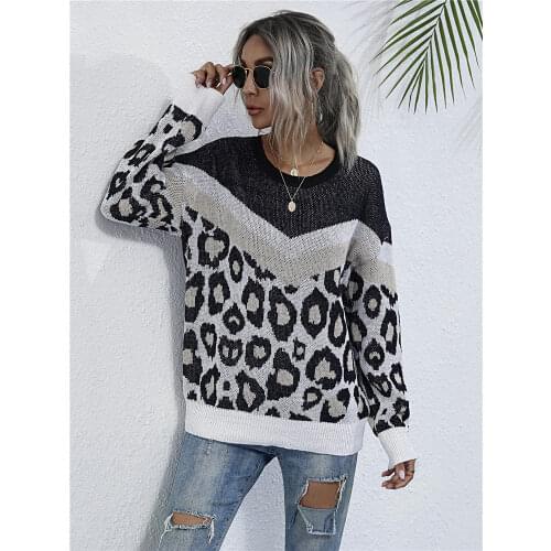 Fashion Leopard Patchwork Jumper Sweater Women 2020 New Casual Full Sleeve Autumn Winter Ladies Knitted Sweater Pullovers Top
