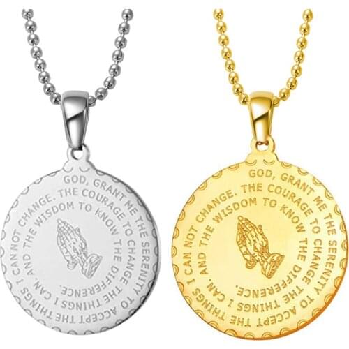 Mens Bible Verse Prayer Pendant Necklace Christian Jewelry Silver /Gold Tone Stainless Steel Praying Hands Coin Medal Pendants