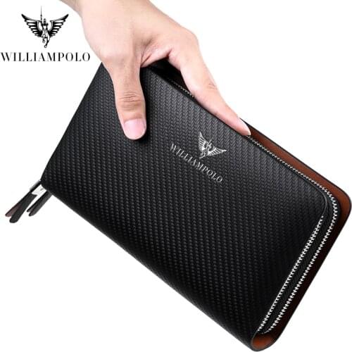 WILLIAMPOLO Mens Wallet Business Large Capacity Clutch Bag Genuine Leather Clutch Wallet Double Zipper Handbag Long Men Wallet