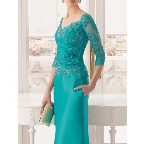 Mint Green Mother Of The Bride Dresses Sheath 3/4 Sleeves Appliques Beaded Long Wedding Party Dress Mother Dress For Wedding
