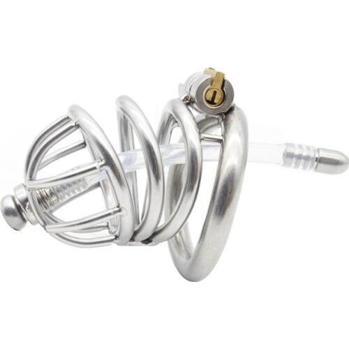 Stainless Steel Stealth Lock Male Chastity Device with Urethral Catheter,Cock Cage, Chastity Belt,Penis Ring,A228-1