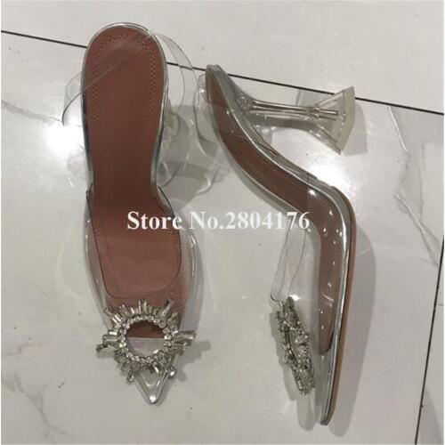 Newest Women Luxurious Pointed Toe PVC Rhinestone Strange Heel Pumps Transparent Crystal High Heels Dress Wedding Shoes