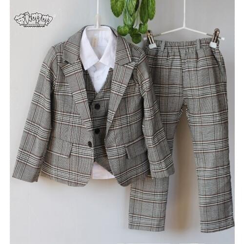 Boys Spring Atumn Suits Sets Children Formal Plaid Blazer Vest Pants 3PCS Clothing Sets Kids Wedding Party Dresses Costume