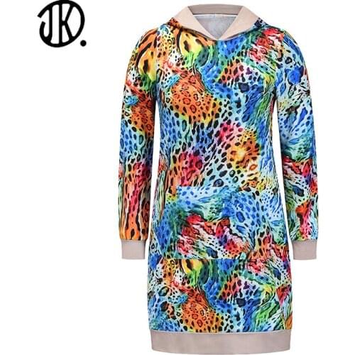 Brand Hooded Sweatshirt Dress Ladies Floral Printed Drawstring Loose Dresses Long Sleeve Large Size Casual Mini Dress For Women