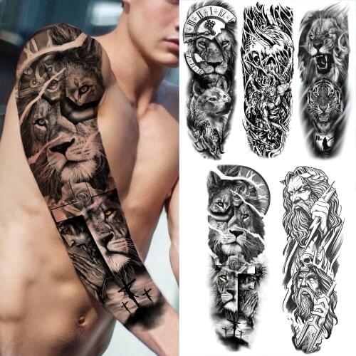 Full Arm Compass Lion Temporary Tattoo Sleeve For Men Women Fake Lion Tiger Cross Demon Tattoo Sticker Skull Full Arm Tatoos Big