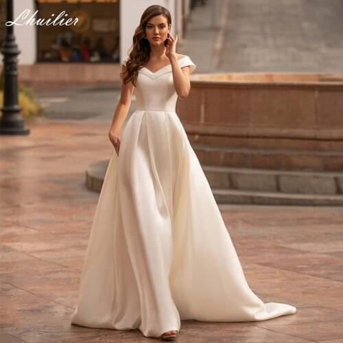 Lhuilier Simple A-line Scoop Neck Satin Wedding Dresses 2020 Sleeveless Floor Length Illusion Back Sweep Train Bridal Dress