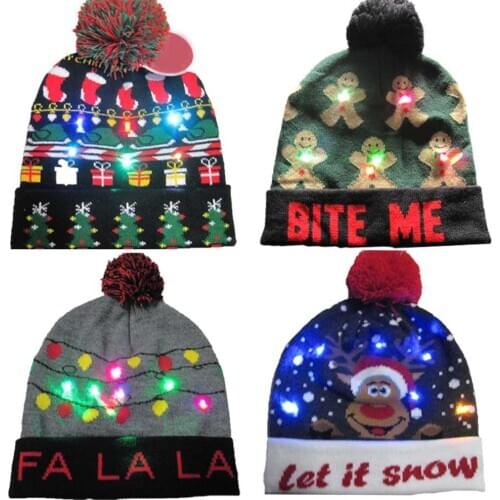LED Light Knitted Christmas Hat Colorful Dazzling Lights Knitted Hat Snowman Pattern Hat with LED Light Christmas Hat
