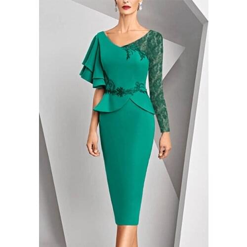 Navy Blue Mother Of The Bride Dresses Sheath V-neck Long Sleeves Jersey Appliques Lace Bride Mother Beautiful Dress