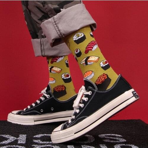 Street Fashion Cotton Adult Middle Calf Crew Socks Mustard Green Happy Funny Print Art Cute Cotton Avocado Logo Sushi Fruit Food