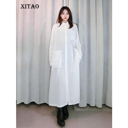 XITAO Ribbons Patchwork Side Split Shirt Women Fashion New Style Turn Down Collar Long Sleeve Pocket Elegant Personality ZY4520