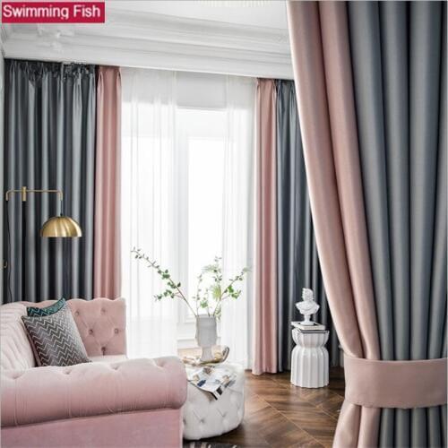 New thickened silk cotton curtain fabric Simple modern stitching two-color finished curtains romantic Pink+grey/Blue 1 panel