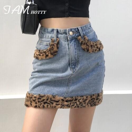Y2K Leopard Furry Fur Patchwork Denim Skirt Women Vintage High-waisted Staight Pencil Harajuku Jeans Skirts Korean 2020 Iamhotty