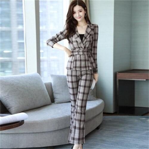Women Plaid Pant Suits female New High-end fashion suit female plaid suit + bell pants professional wear two-piece suit women
