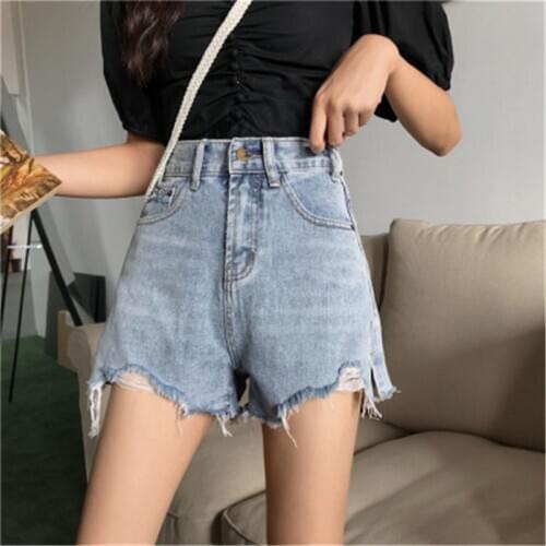 2020 New Arrivals Hot Summer Chic Fashion Sweet Girl Casual High Waist Single Breasted Frayed Asymettrical Leaf Short Jean