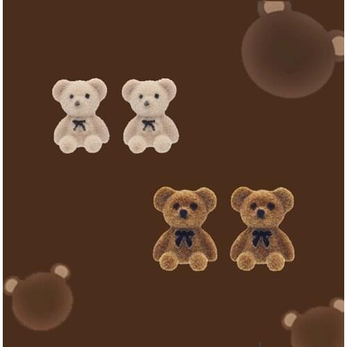 1Pair Lovely Bear Stud Earrings Cute Bears Brown Flocking Animal Earring For Women Girls Ear Studs Jewelry Gifts