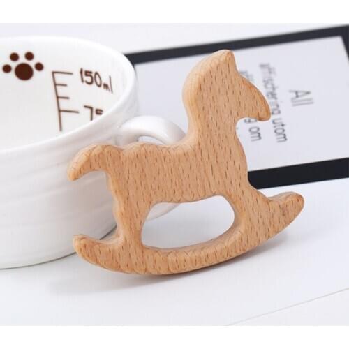 1PC Baby Teether Animal Wood Rings Dolphin Horse Beech Wooden Teether Nursing Pendant Teething Toys