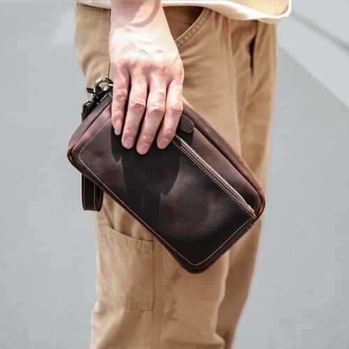 Retro fashion handmade natural real cowhide long wallet mens clutch bag large capacity crazy horse leather zipper clutch bag