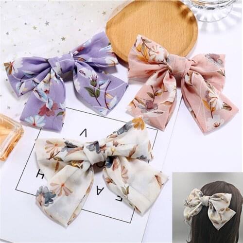 Elegant Chiffon Big Bow Spring Hair Clip Fashion Print Floral Hair Barrette For Women Girls Sweet Hairclip Hair Grip Accessories