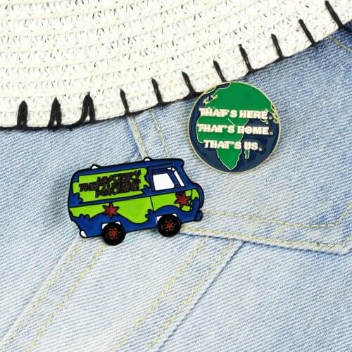 The Mystery Machine Enamel Pins Cartoon Travel Bus Earth Map Lapel Brooches Green Natural Adventure Badge Outdoors Jewelry Gifts