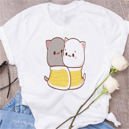 Harajuku Cute Peach Cat Funny T-shirt AOWOF Ladies Streetwear Kawaii Cartoon Pattern O-Neck T-shirt Top Ladies Oversized T-shirt