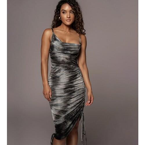 Hirigin 2021 Summer Women Tie Dye Strap Midi Dress Drawstring Ruched Bodycon Sexy Streetwear Party Club Elegant Slim Y2K Clothes