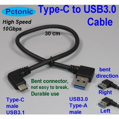 PCTONIC type-C to USB3.0 A male adapter cable type-A male to USB3.1 type-C 90 Degree Right Angled bent bending short cable 30cm