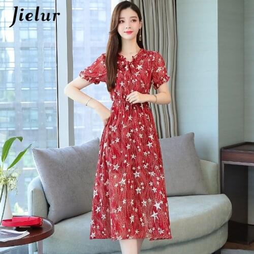 Jielur Chiffon Summer Dress Elastic Waist Robe Femme Hipster Chicly Short Sleeve S-XL 2021 Vestidos Print Slim Red Women Dress