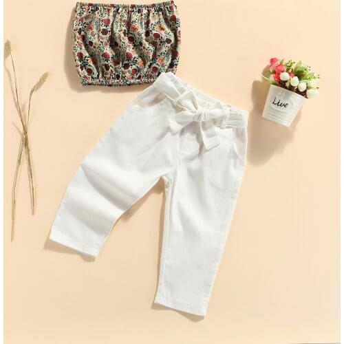 1-6Years Summer Fashion Kids Baby Girl Outfits Floral Sleeveless Crop Tank Tops+White Bow Long Trousers Toddler Girl Clothes Set