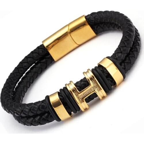 High Quality Stainless Steel Magnet Men Male Genuine Leather Bracelets Bangles Trendy Brand Black Sporty Charm Bracelets