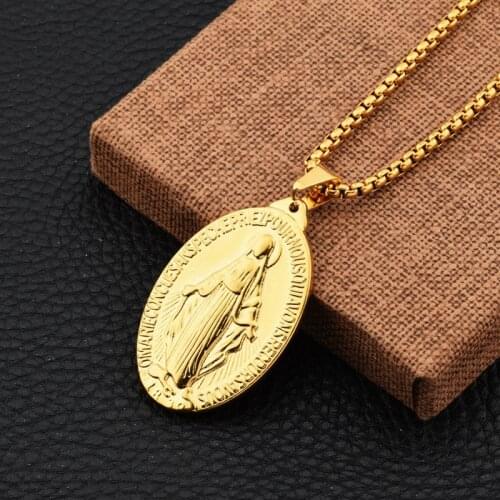 Stainless Steel Golden Matrona Mary Pendant Pray Necklace Charm Golden Chain Religious Jewelry Church Virgin Mary Necklace Gifts